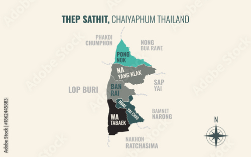 Map showing Thep Sathit District Chaiyaphum Thailand divided into sub districts with minimalist colorful patterns