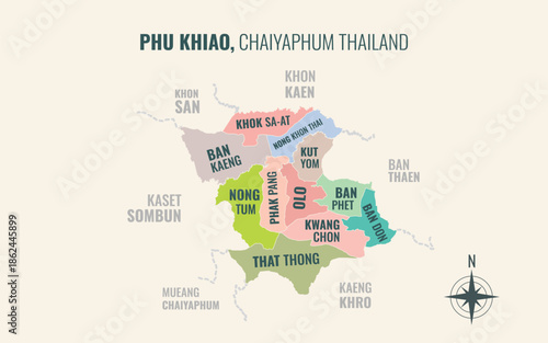 Map showing Phu Khiao District Chaiyaphum Thailand divided into sub districts with minimalist colorful patterns