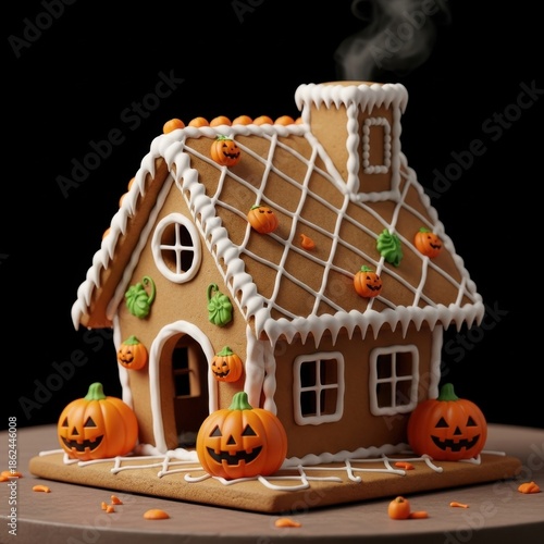 Whimsical autumn confection a gingerbread house adorned with pumpkin accents and sweet decorations