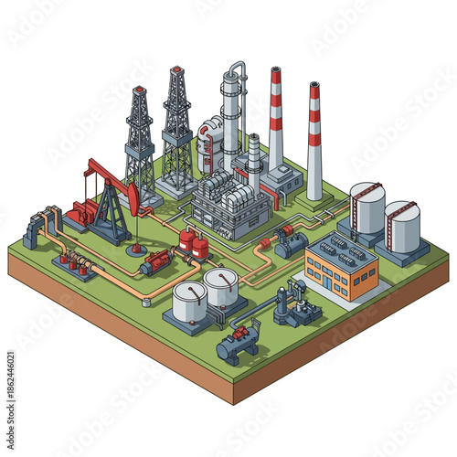 Isometric illustration of an oil and gas industrial complex with refinery, derricks, storage tanks, and pipelines on a green plot.