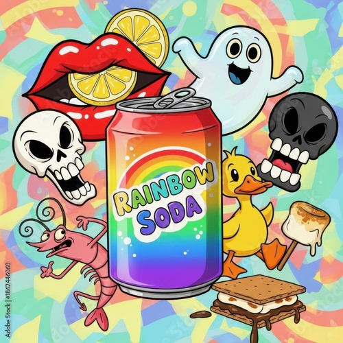 Whimsical cartoon extravaganza with rainbow soda can and playful creatures dancing around