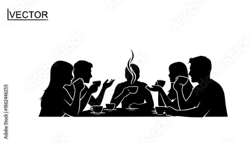 Connectioneering Coffee Ritual Silhouette - Friends Socializing and Community Bonding Vector Icon
