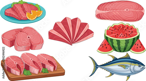 Raw fish cuts, whole fish, and watermelon slices on board, realistic food vector for culinary, seafood, and healthy themes
