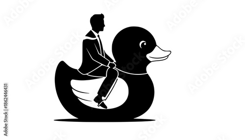 Surreal Silliness Business Person Riding Giant Rubber Duck Silhouette - Quirky Corporate Humor Vector