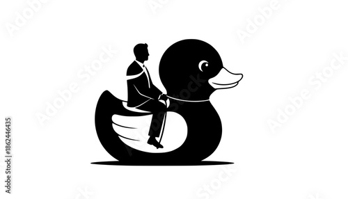Surreal Silliness Business Person Riding Giant Rubber Duck Silhouette - Quirky Corporate Humor Vector
