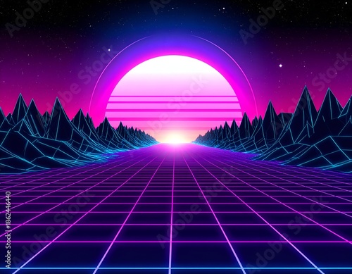 Futuristic neon landscape with grid road, mountains, and sunset over stars