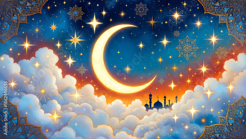 A magical night sky with a glowing crescent moon, sparkling stars, fluffy clouds, and distant Islamic architecture.