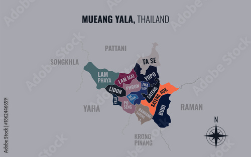 Map showing Mueang Yala District Yala Thailand divided into sub districts with minimalist colorful patterns