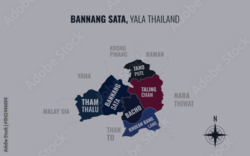 Map showing Bannang Sata District Yala Thailand divided into sub districts with minimalist colorful patterns