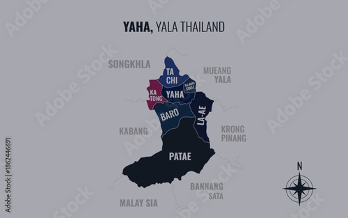 Map showing Yaha District Yala Thailand divided into sub districts with minimalist colorful patterns