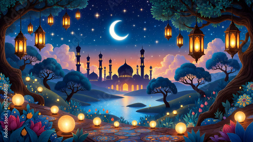 A magical night landscape with a mosque under a crescent moon, surrounded by glowing lanterns, lush trees, and a serene river.