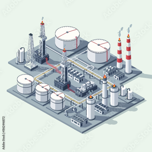Isometric industrial oil refinery or chemical plant with storage tanks, drilling rigs, and pipelines.