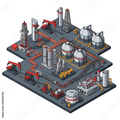 Isometric illustration of an oil and gas industry complex with derricks, tanks, and pipelines.