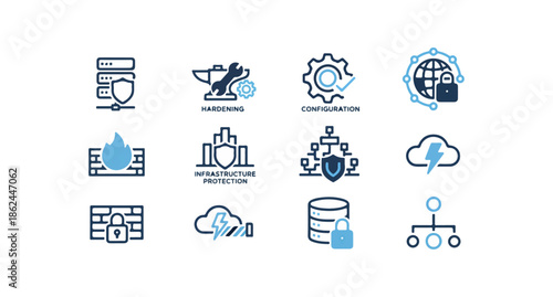 Abstract technology icons set with data security and cloud computing themes