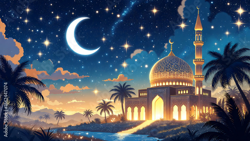 A beautiful mosque illuminated at night under a starry sky with a crescent moon and palm trees.