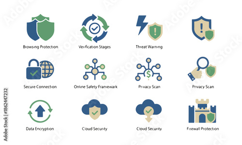 Set of digital security icons representing data protection and cybersecurity