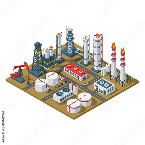 Isometric view of an oil refinery and petrochemical plant with various industrial structures and storage tanks.