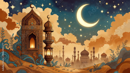 A serene night scene with a large crescent moon, stars, and illuminated Islamic architecture in a stylized desert landscape.