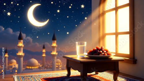 A serene scene of Ramadan Iftar with dates and water on a table, illuminated by light from a window, overlooking a city with mosques under a crescent moon and starry night sky.