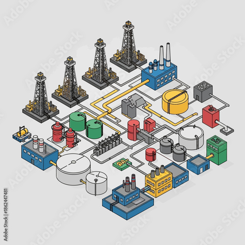 Isometric illustration of an oil and gas industrial complex with derricks, pipelines, storage tanks, and processing units.