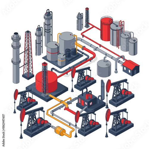 Isometric illustration of an oil refinery and oil field with pumpjacks, storage tanks, and industrial pipelines.
