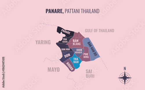 Map showing Panare District Pattani Thailand divided into sub districts with minimalist colorful patterns
