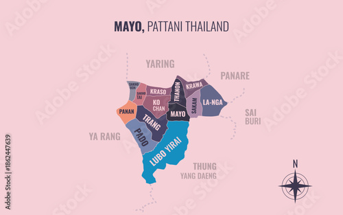 Map showing Mayo District Pattani Thailand divided into sub districts with minimalist colorful patterns