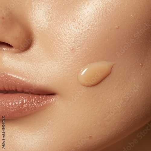 A close-up shot of a person's cheek with a drop of serum being applied.