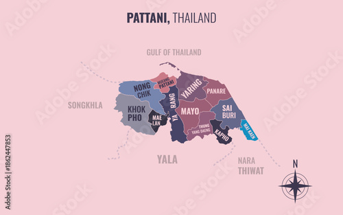 A map showing Pattani Thailand divided into districts in a minimalist colorful style