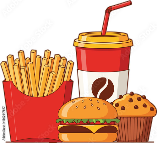 Fast food combo illustration with burger, french fries, coffee cup, and muffin, colorful takeaway meal concept for restaurant menus, cafe branding, and snack promotions