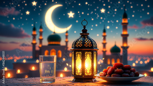 A beautiful night scene with a crescent moon and stars, featuring a lit lantern, water, and dates, with mosques in the background, evoking a Ramadan atmosphere.