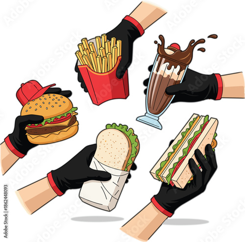 Fast food hands illustration with burger, fries, sandwich, wrap, and milkshake, street food concept for takeaway, delivery service, and casual dining visuals