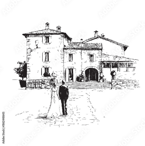 Hand drawn Italian style vintage wedding couple