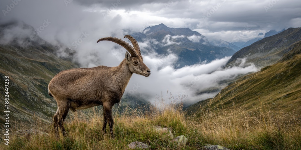 Obraz premium Mountain goat standing on a hillside with mountains and clouds in the background