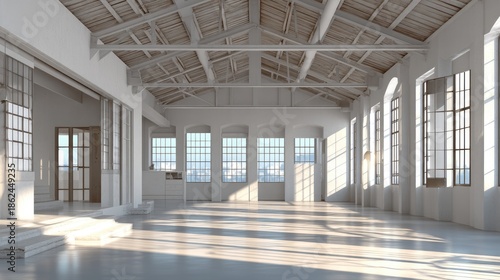 Spacious and Bright Modern Interior with Large Windows and Natural Light in Urban Loft Style Design