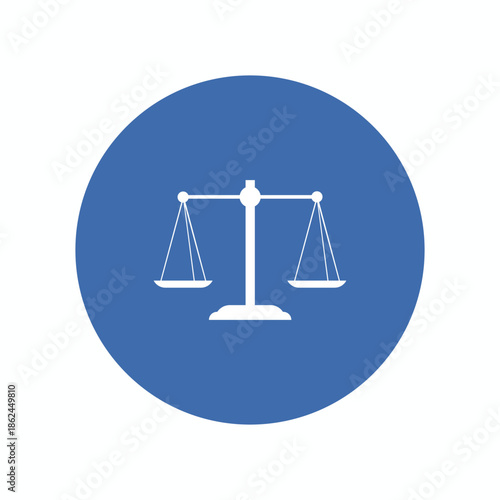 White scales of justice icon on blue circle background. Flat vector illustration of balance for law, legal service, and judicial system concepts