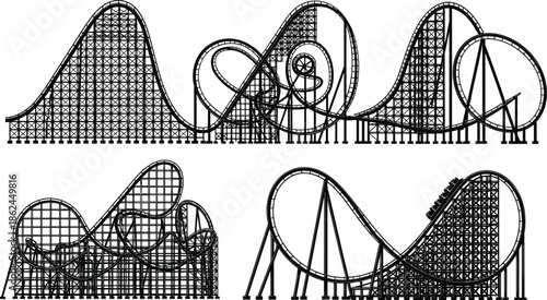 Roller coaster track silhouettes set, black vector amusement park ride collection isolated.