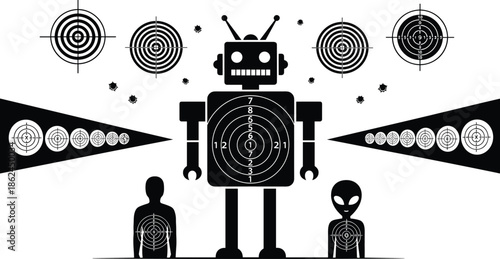 Robot Alien and Human Shooting Targets Set with Bullseye and Bullet Holes Vector Illustration