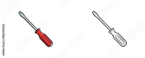 Flathead screwdriver in cartoon style with red handle and silver metal shaft on white background used for manual labor repair construction or household maintenance projects