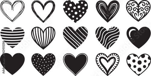 Vector illustration set of black and white shields and hearts design symbols for romantic Valentine Day wedding decoration patterns