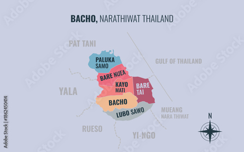 Map showing Bacho District Narathiwat Thailand divided into sub districts with minimalist colorful patterns