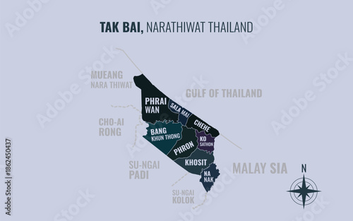 Map showing Tak Bai District Narathiwat Thailand divided into sub districts with minimalist colorful patterns