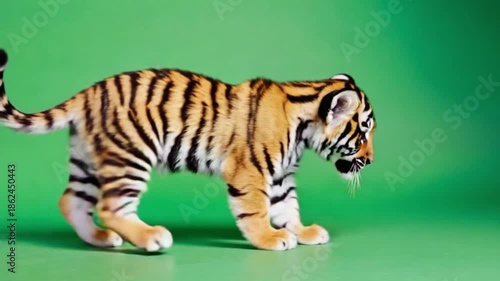Adorable tiger cub sitting on green background looking around curiously