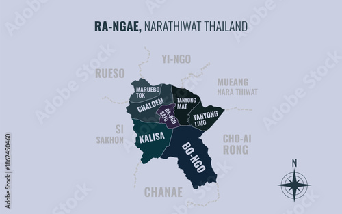 Map showing Ra ngae District Narathiwat Thailand divided into sub districts with minimalist colorful patterns