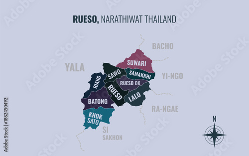 Map showing Rueso District Narathiwat Thailand divided into sub districts with minimalist colorful patterns