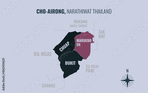 Map showing Cho airong District Narathiwat Thailand divided into sub districts with minimalist colorful patterns