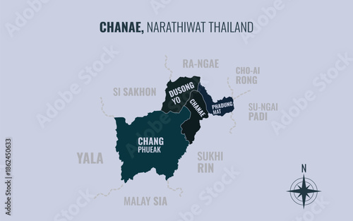 Map showing Chanae District Narathiwat Thailand divided into sub districts with minimalist colorful patterns