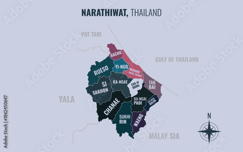 A map showing Narathiwat Thailand divided into districts in a minimalist colorful style