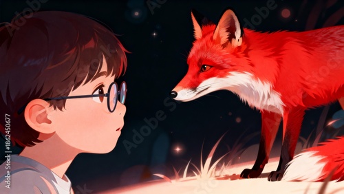 Boy and fox in magical night scene