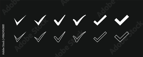 White check mark icon set on black background. Collection of solid and outline tick symbols for approval, success, and task completion. Flat vector illustration for dark mode UI design